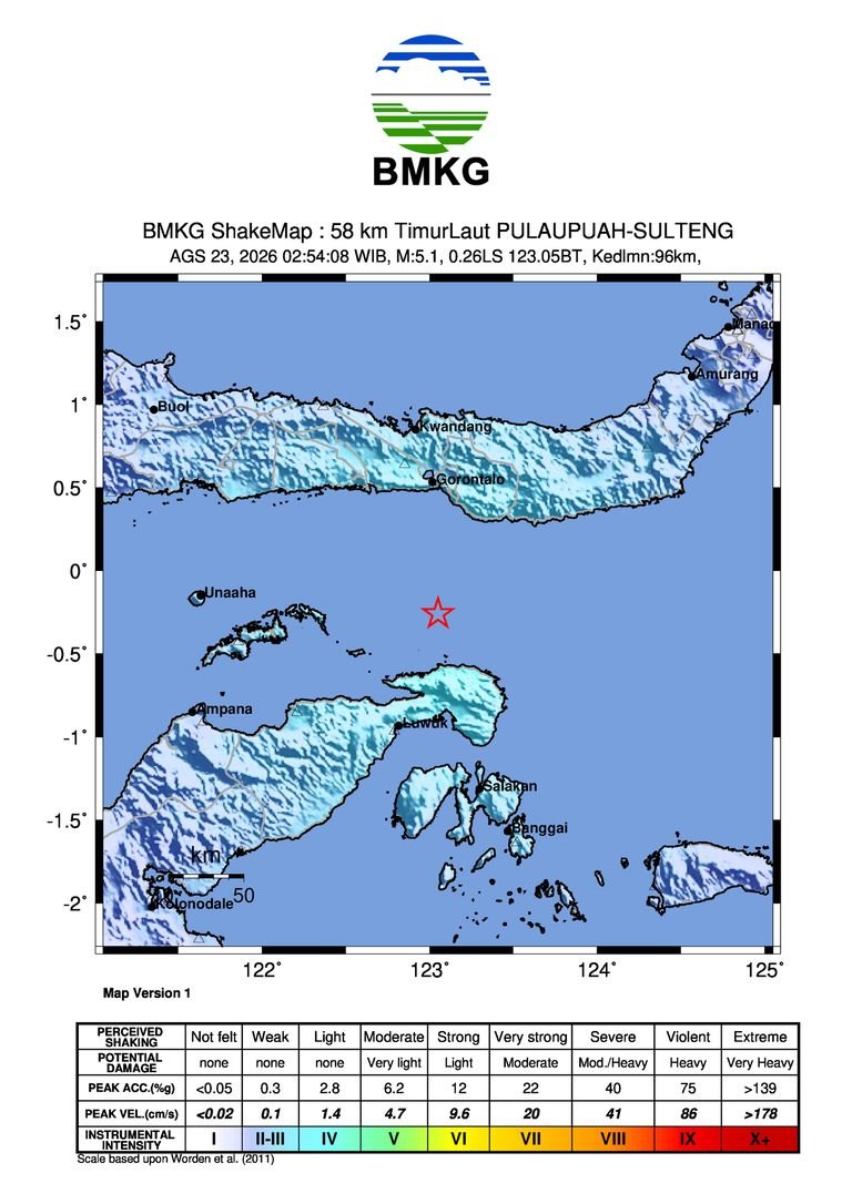 Gempa M5,4 Guncang Pantai Utara Banggai, Sulawesi Tengah