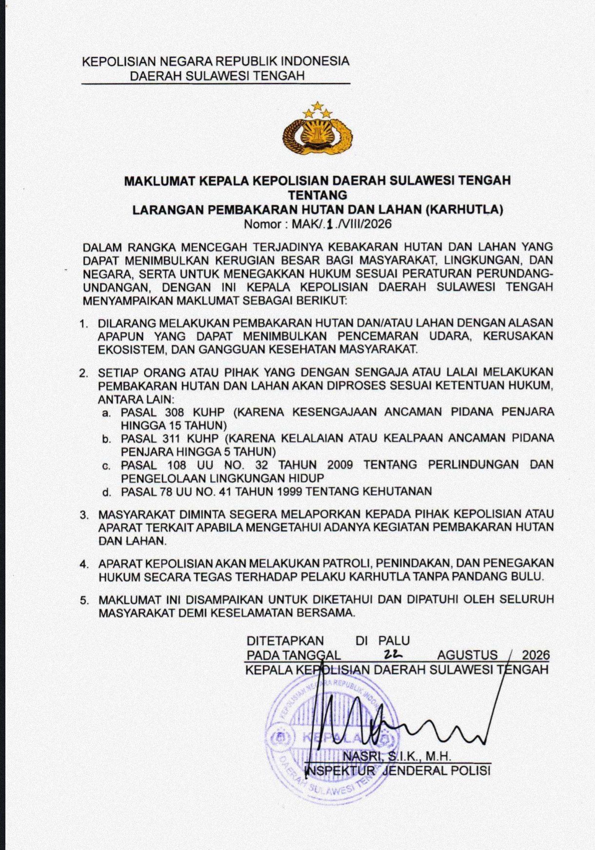Polda Sulteng Keluarkan Maklumat Larangan Pembakaran Hutan dan Lahan, Pelaku Karhutla Diancam Pidana